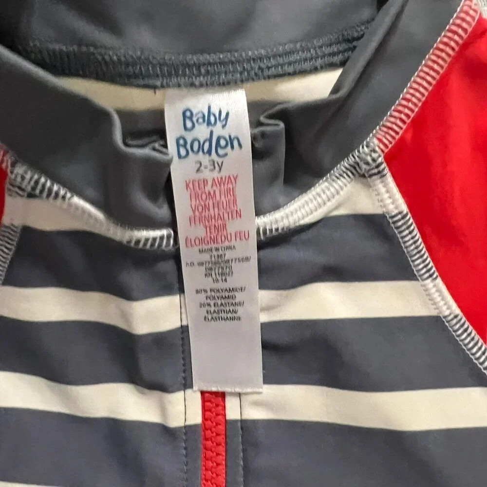 Baby Boden 2-3Y Red & Grey Striped Rashguard Swim Shirt